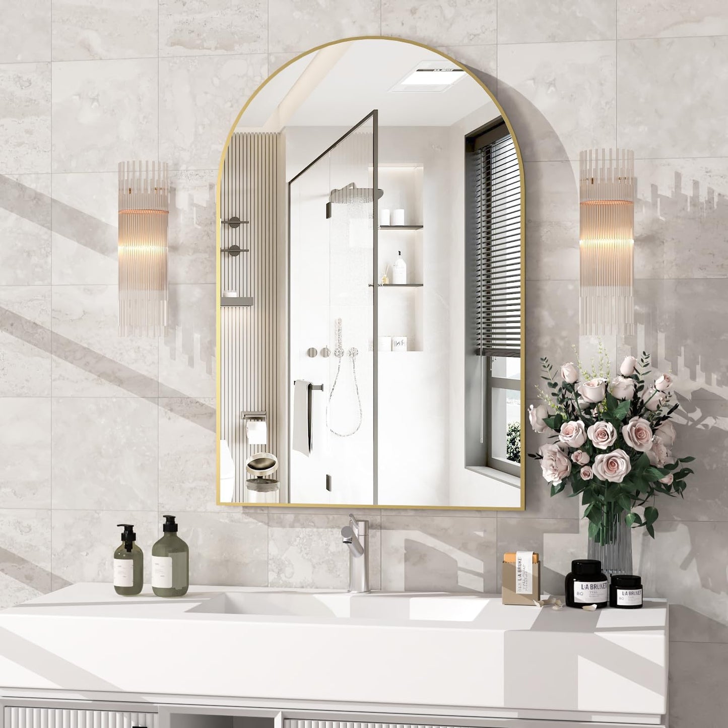 Arched Wall Mirror for Bathroom, 24x36 Gold Vanity Decor