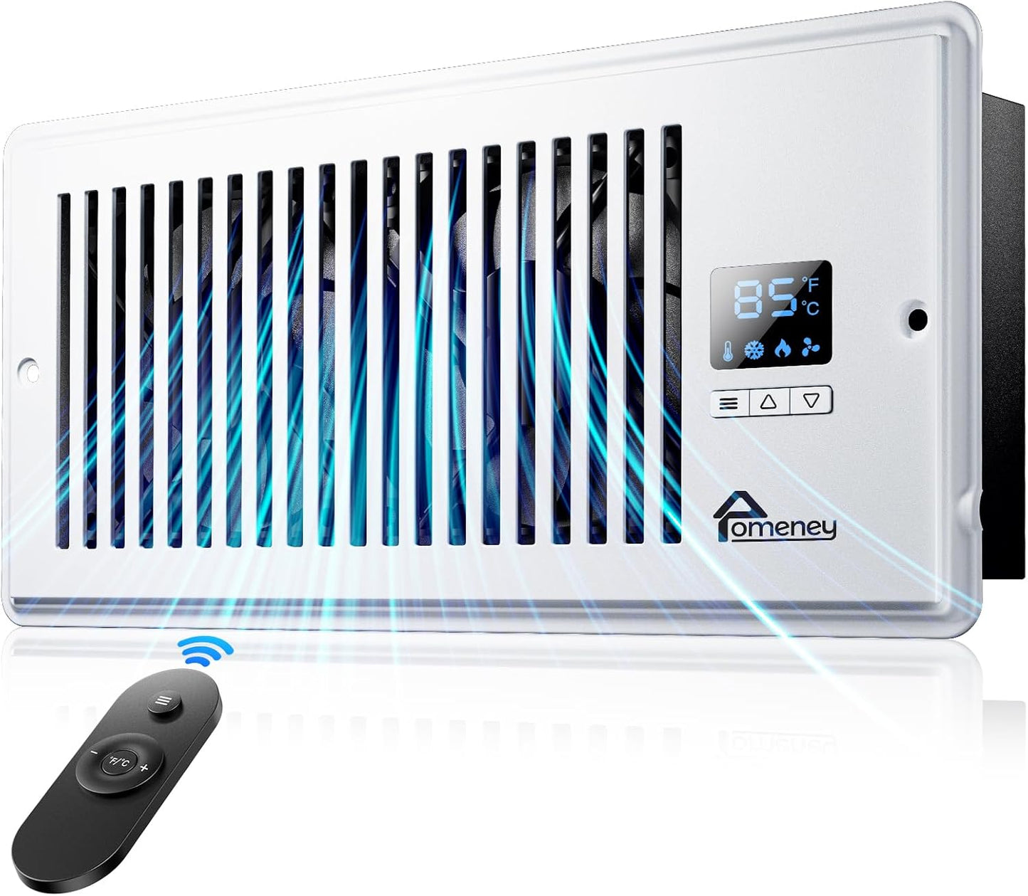 Pomeney 140CFM Register Booster Fan, Remote Control, 10-Speed Thermostat, Quiet Heating/Cooling