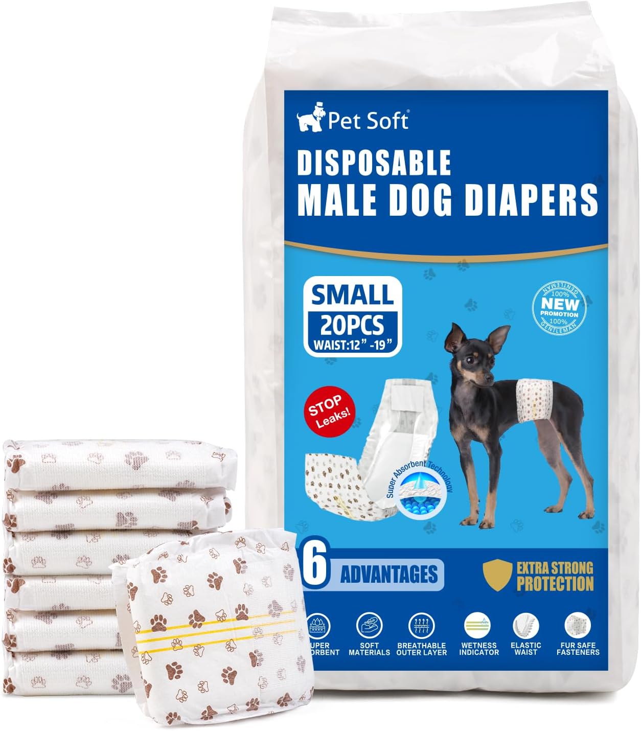 Ultra Absorbent Male Dog Diapers - Wetness Indicator, 20pcs Small