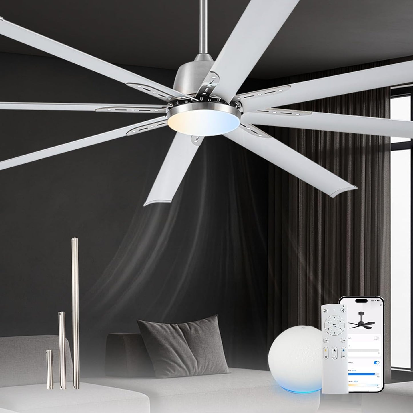 72 Inch Industrial Smart Ceiling Fan with Light and Remote Control