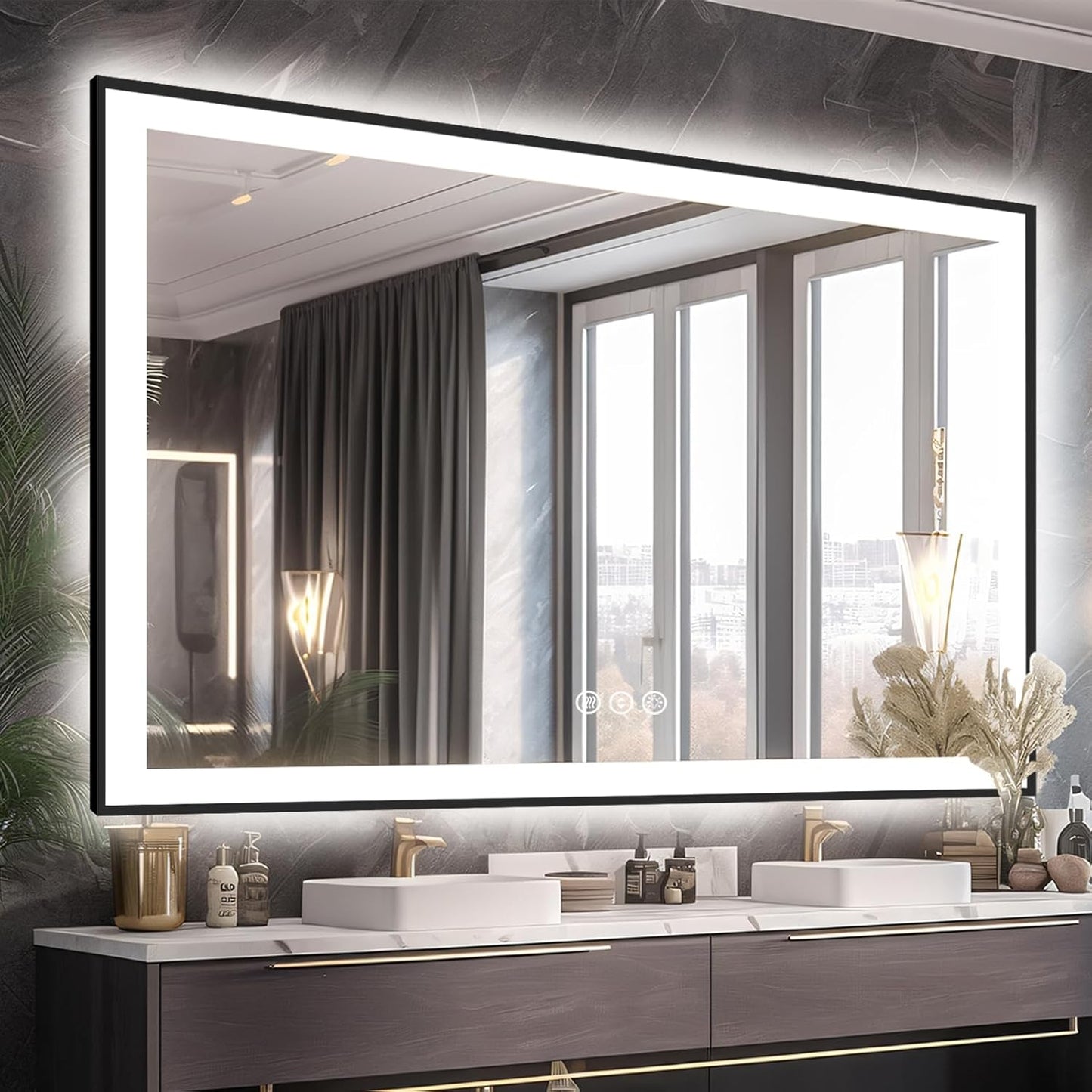 60x40 LED Mirror for Bathroom - Matte Black Framed Luxury Design