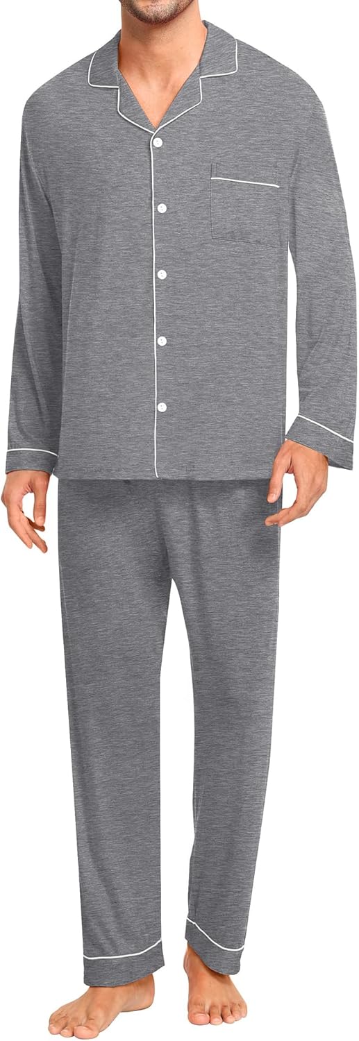 SWOMOG Men Pajamas Set Comfy Modal Pjs Button Down Sleepwear