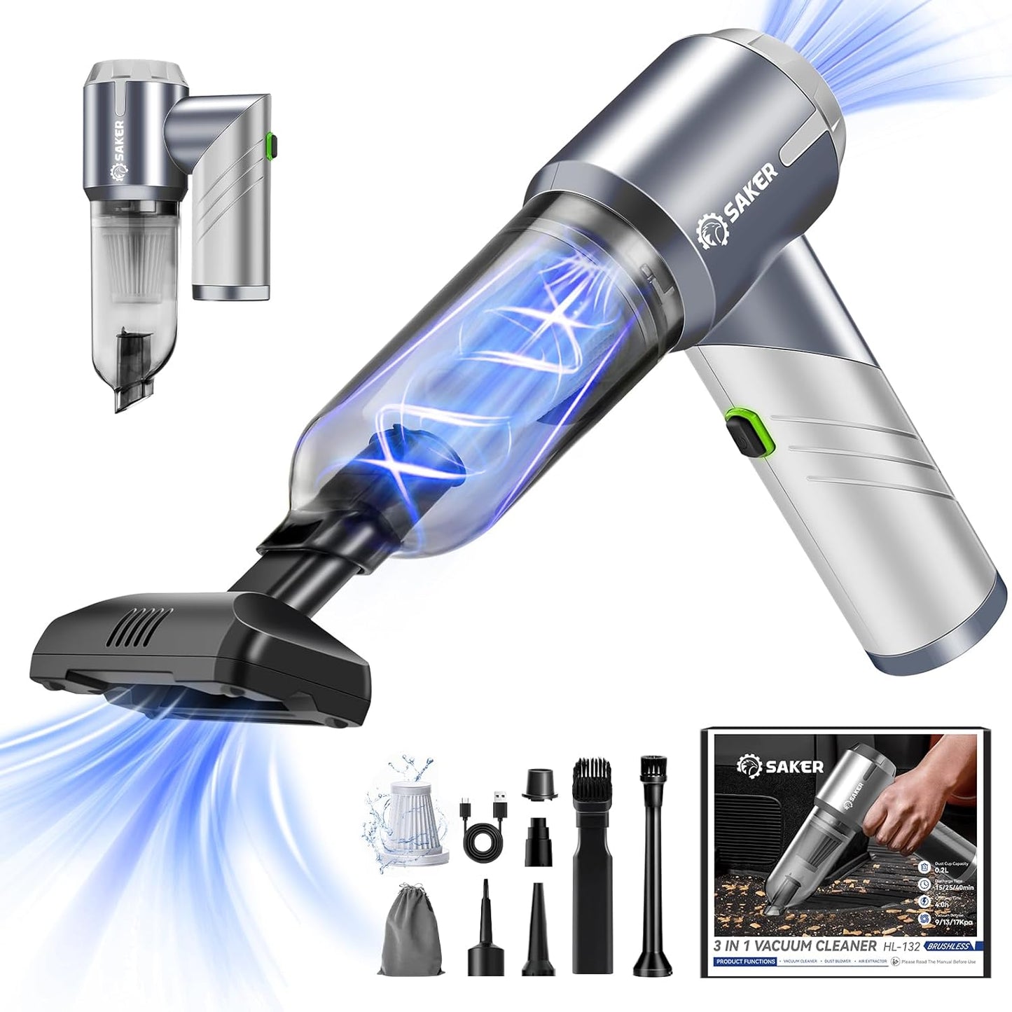Saker 17000PA Foldable Car Vacuum: Cordless Cleaning Power