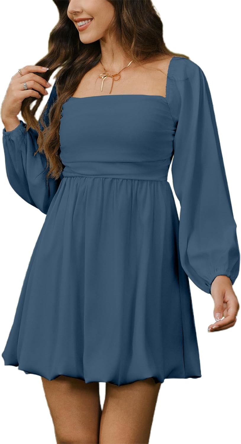 HYPERFIRE Women's Square Neck Pleated Long Sleeve Mini Dress