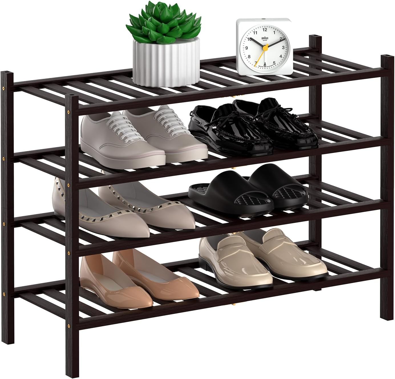 4 Tier Bamboo Shoe Rack for Closet - Stackable Wooden Organizer