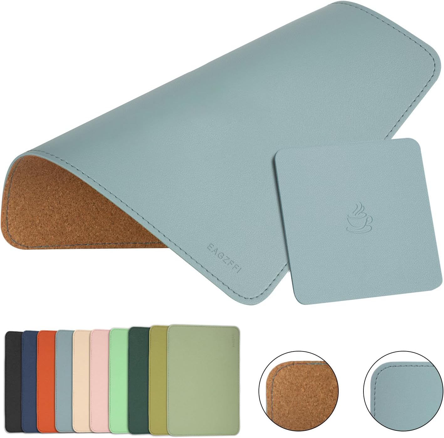 Premium Leather Mouse Pad Set - Dual-Sided with Coaster - Sierra Blue