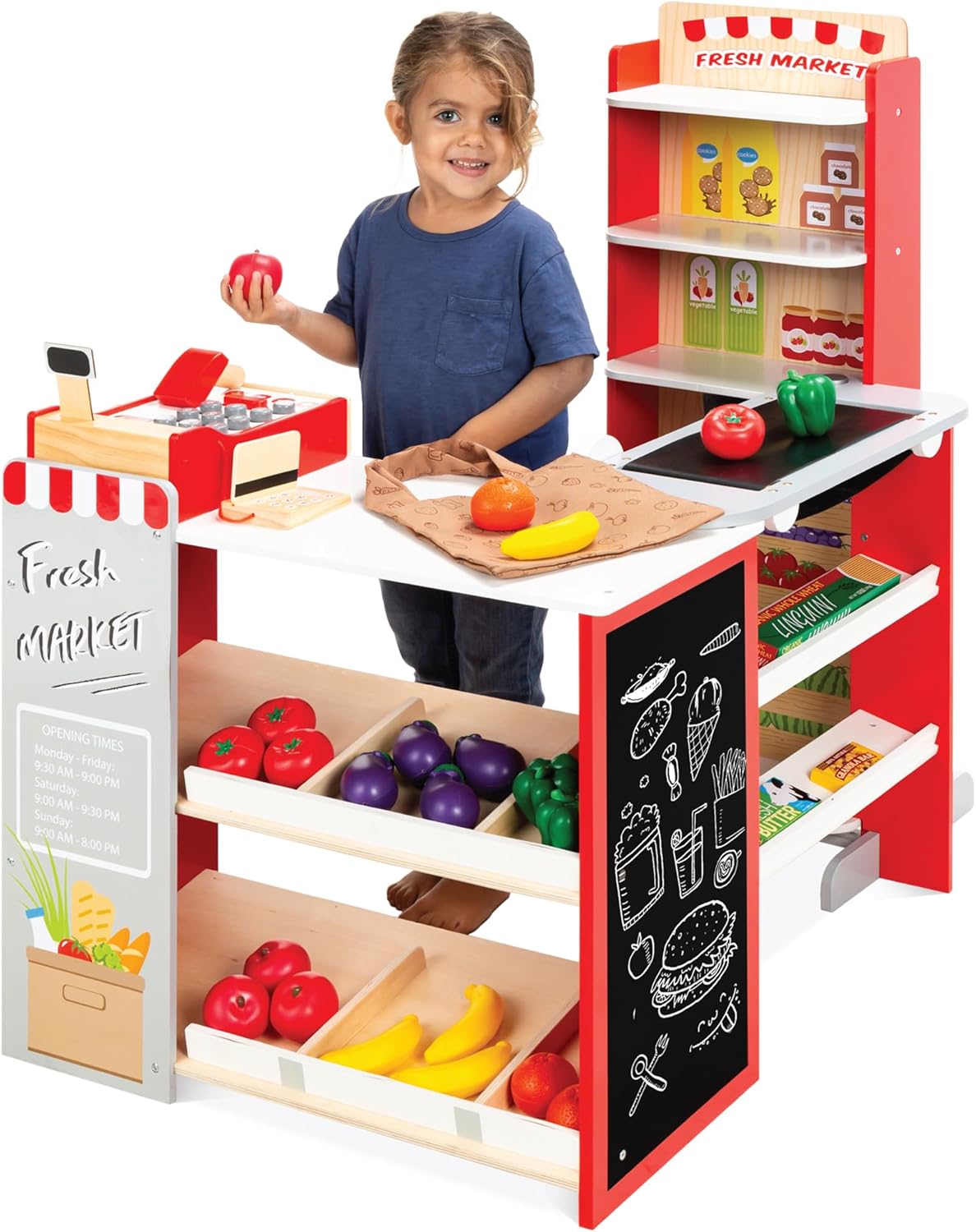 Pretend Play Grocery Store Wooden Supermarket Toy Set for Kids