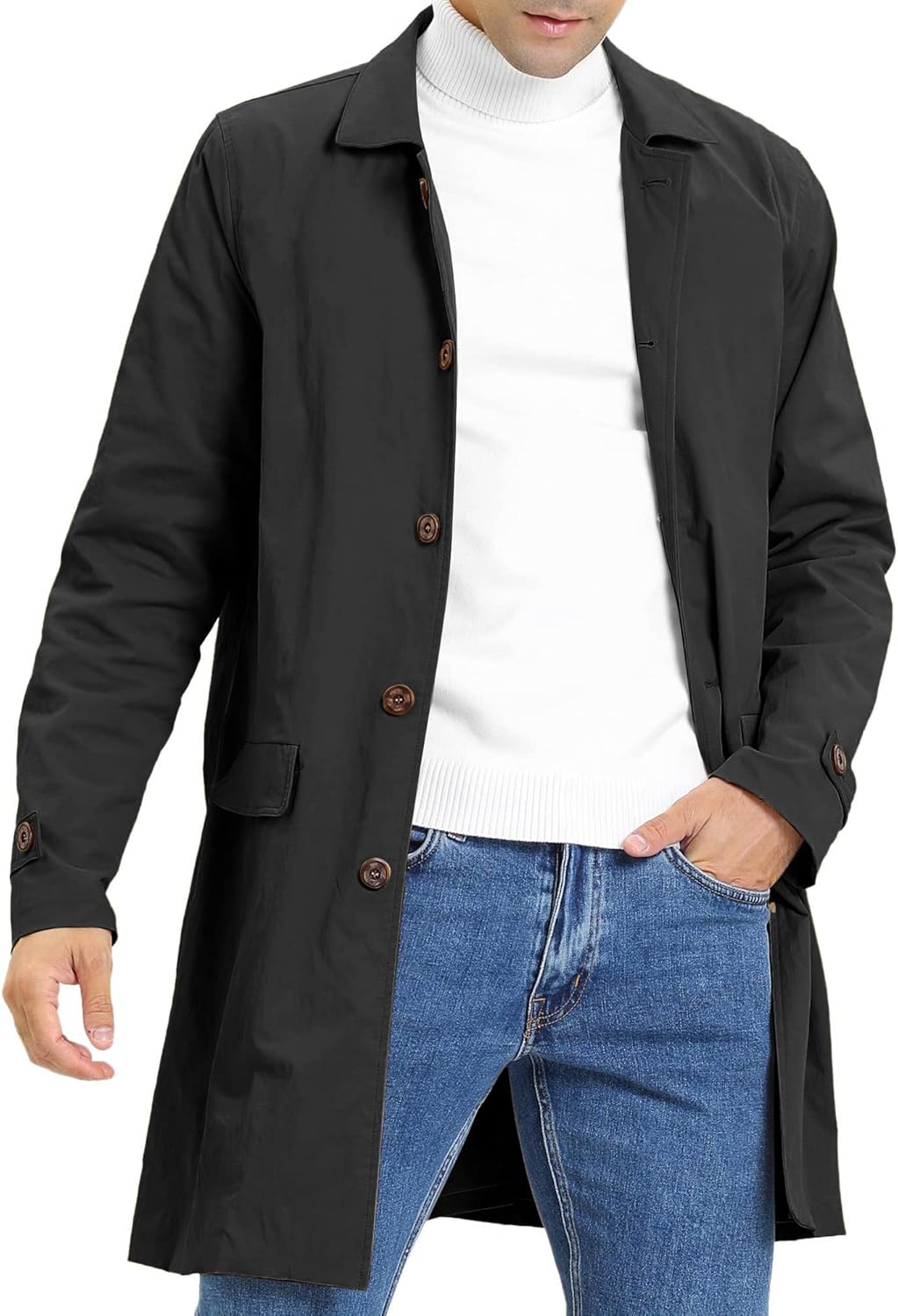 Mens Trench Coat Slim Fit Lightweight Casual Long Jacket