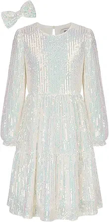 GRACE KARIN Girl's Long Sleeve Sequined A-Line Dress with Bow