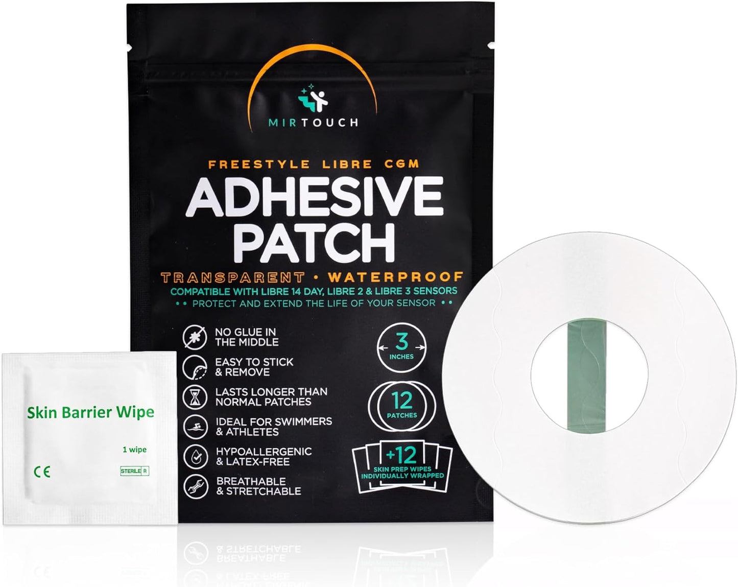 MirTouch Hypoallergenic CGM Patches - Transparent Waterproof, No Glue in Center