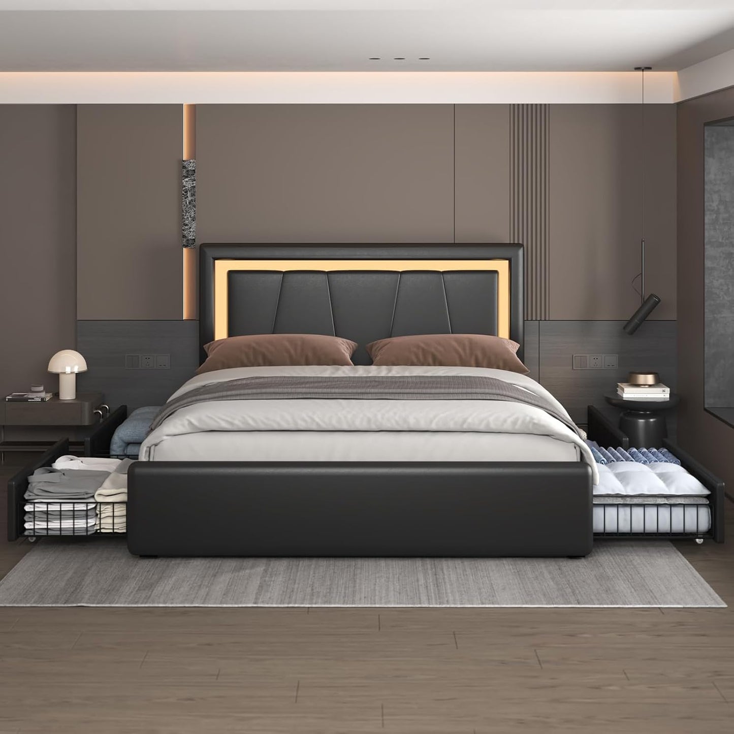 Full Bed Frame with 4 Storage Drawers and LED Lights for Comfort