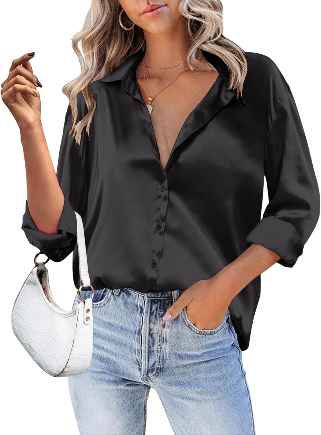 Satin Silk Button Down Shirt for Women - Elegant Business Casual