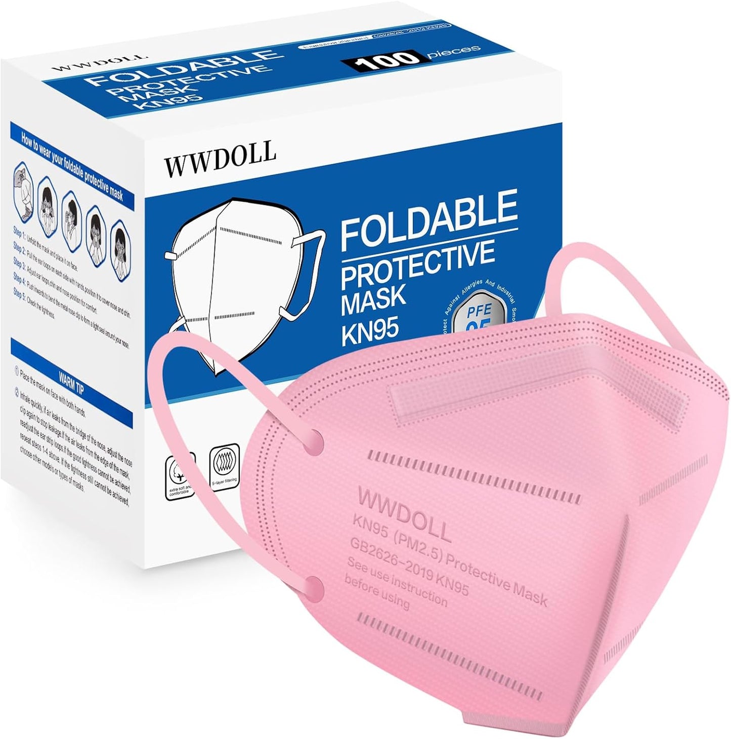 WWDOLL KN95 Face Mask 100 Pack for Adult Protection in Pink