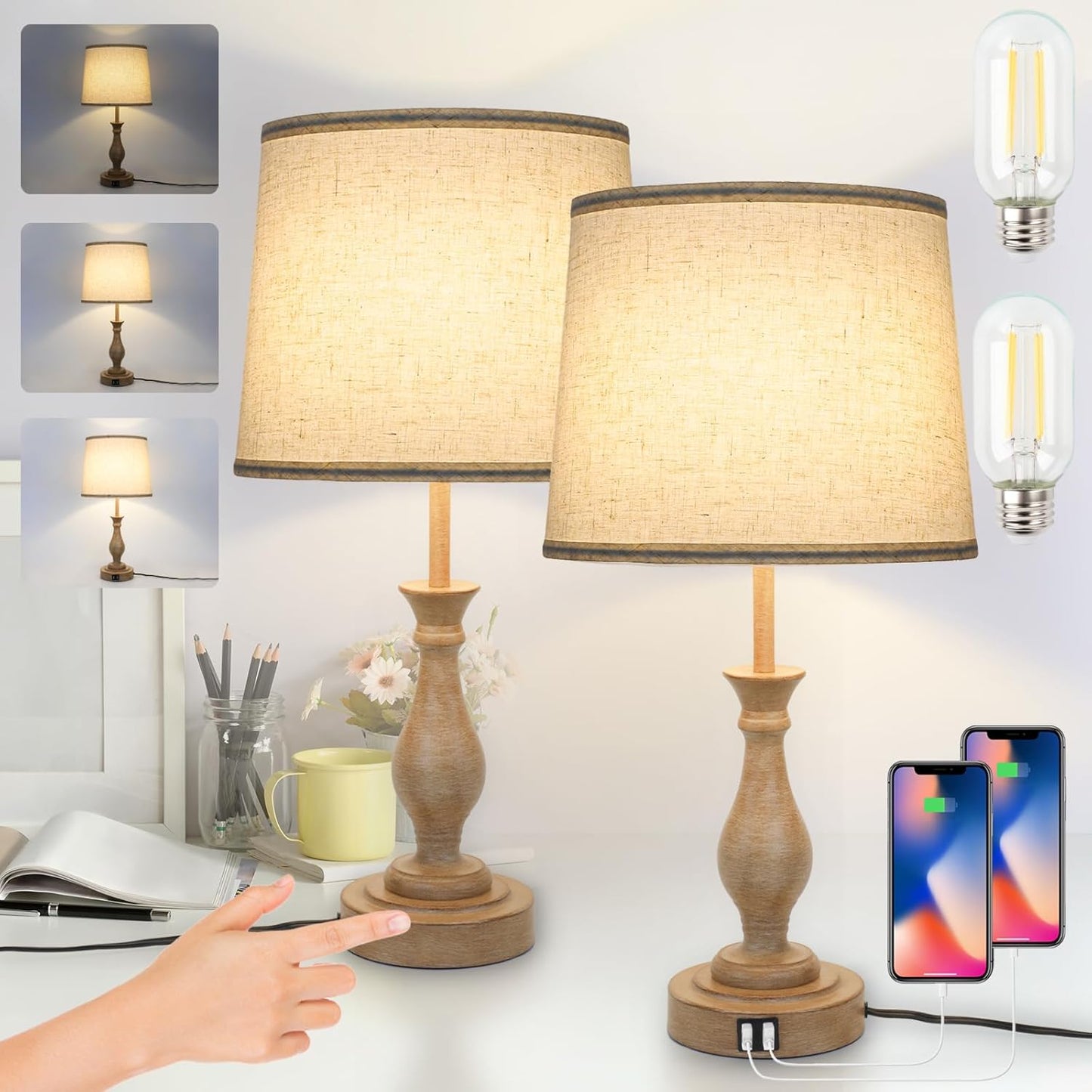 Touch Lamps for Bedrooms Set of 2 with USB Ports and Dimming
