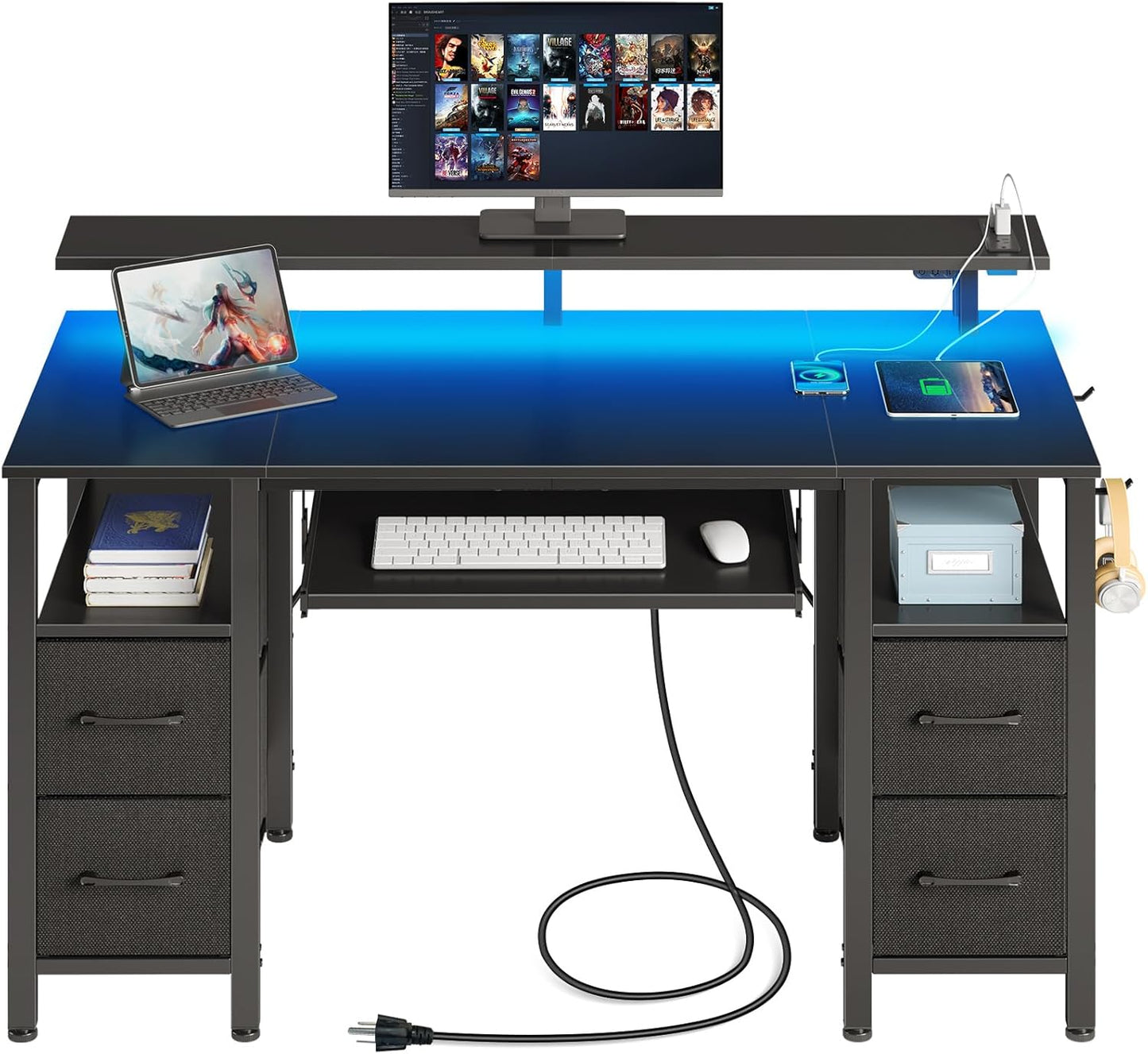 Seventable Computer Desk 55.1in with LED Lights and Power Outlets
