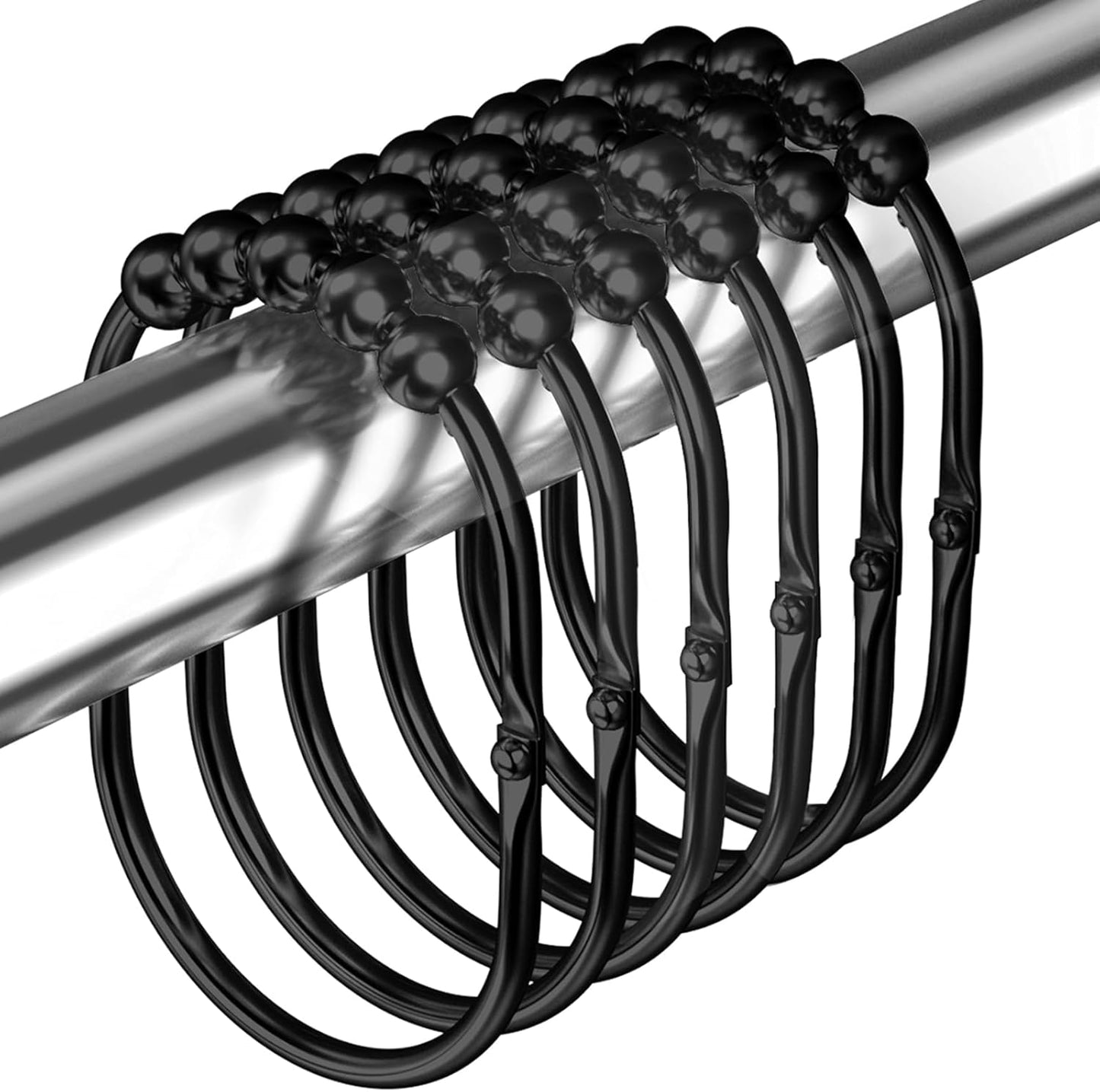 12PCS Rust-Proof Stainless Steel Shower Curtain Hooks - Easy Glide Rollers, Set of 12, Black