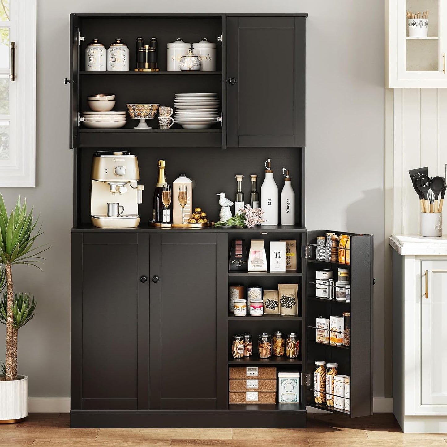 Black Freestanding Microwave Pantry: Adjustable Storage