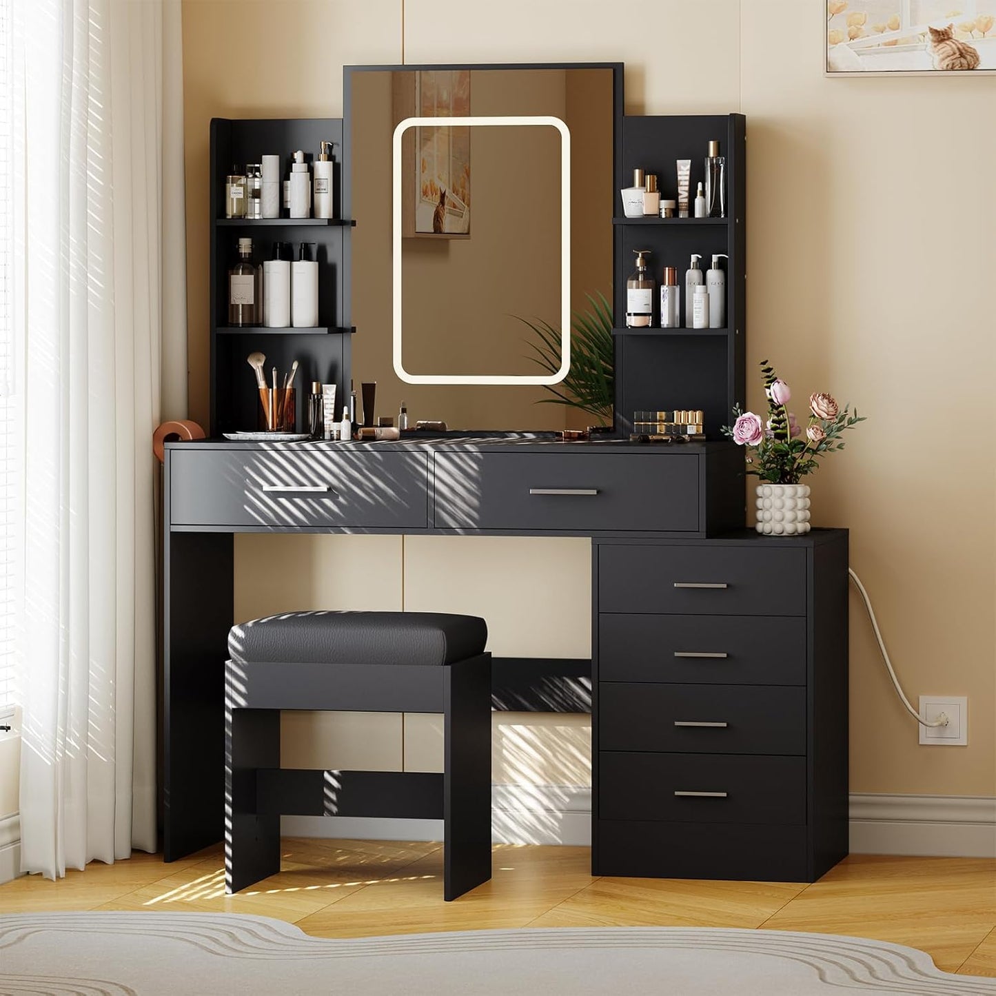 Glam Station with Lights, Charging, 6 Drawers, Stool