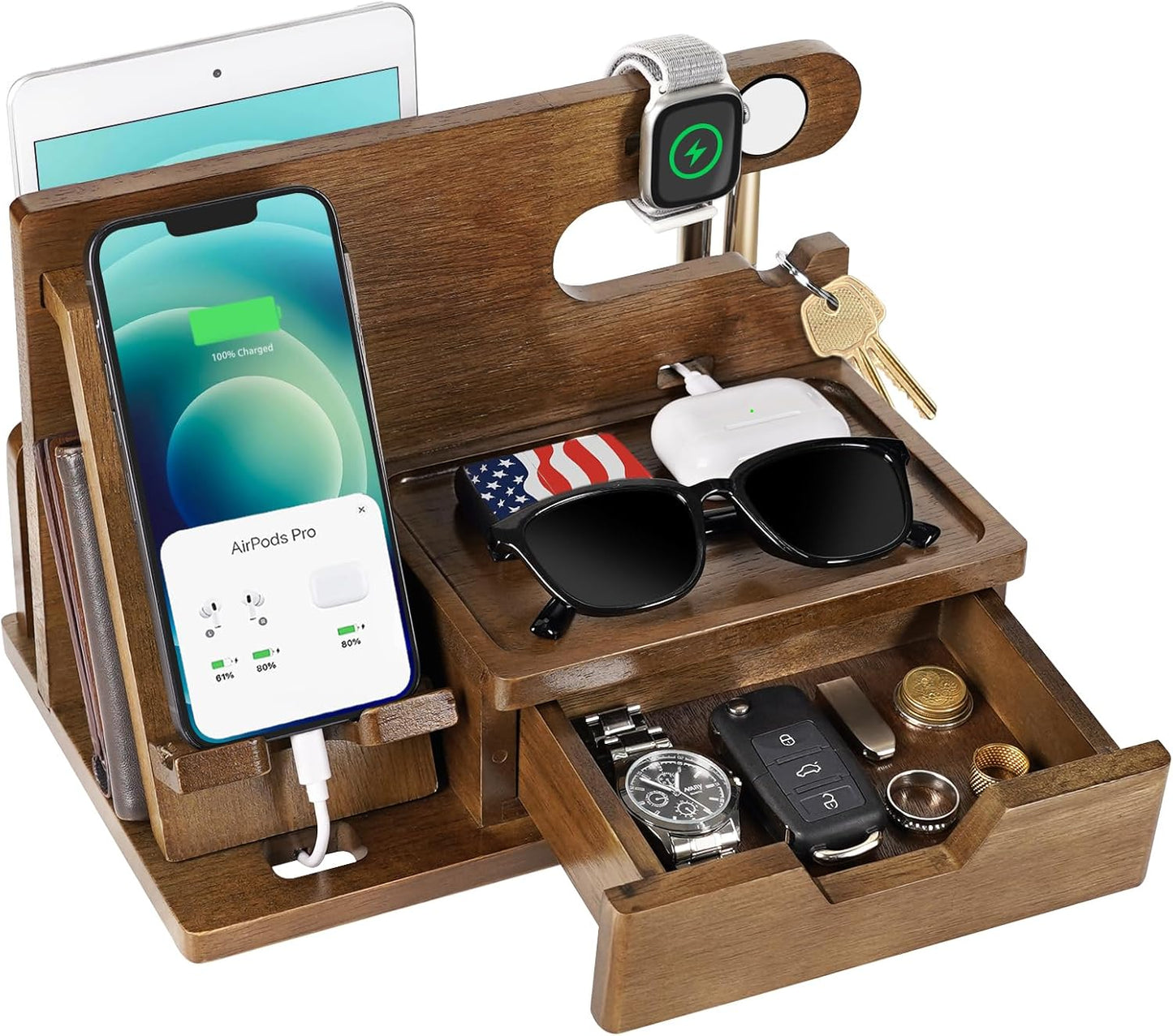 Wood Phone Docking Station with Drawer for Men Him Husband Dad