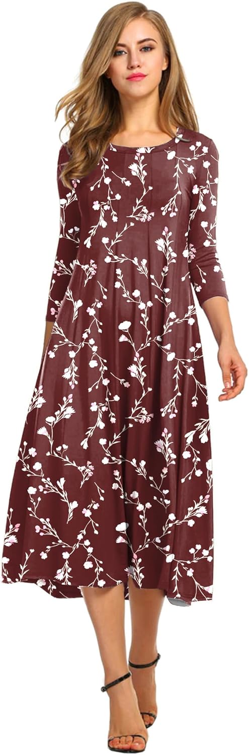 HOTOUCH Women's 3/4 Sleeve A-line Midi Long Dress for Elegance