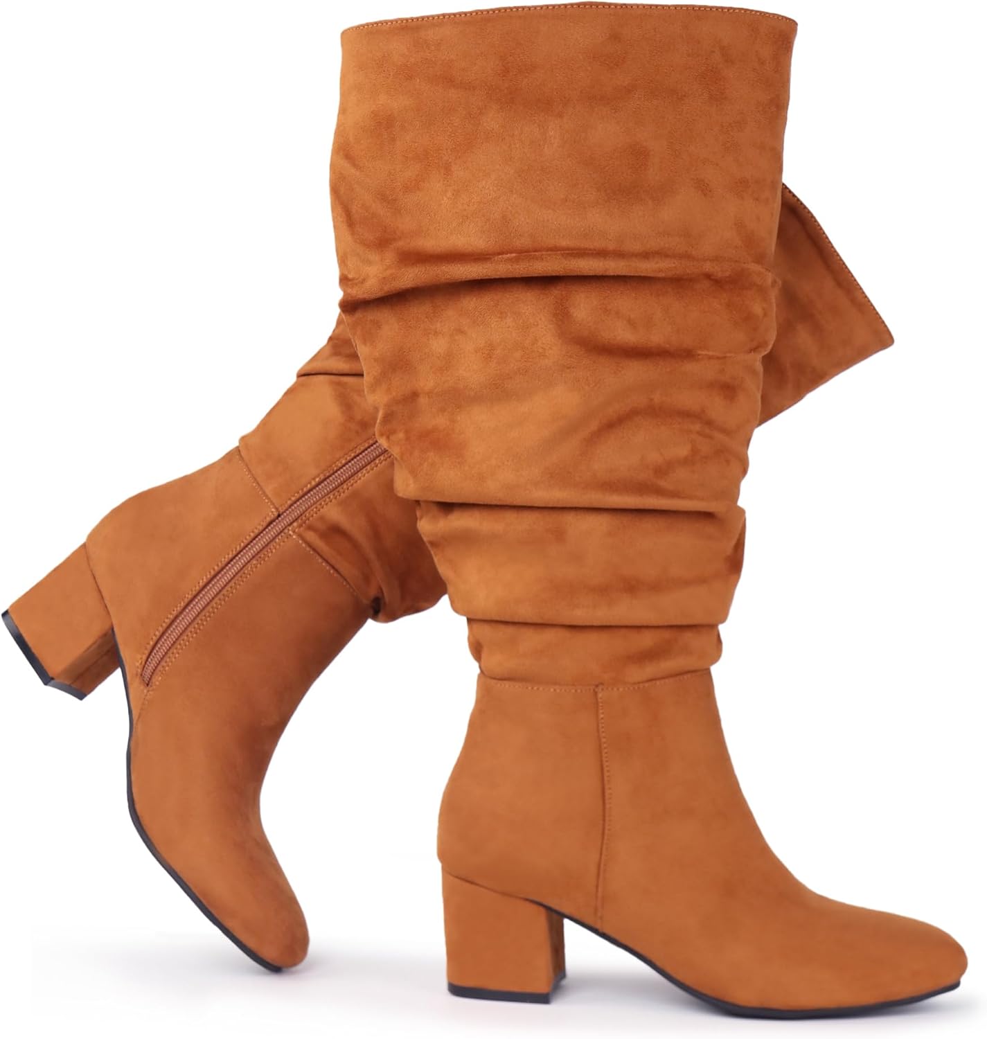 Women's Extra Wide Calf Slouchy Suede Boots with Block Heel
