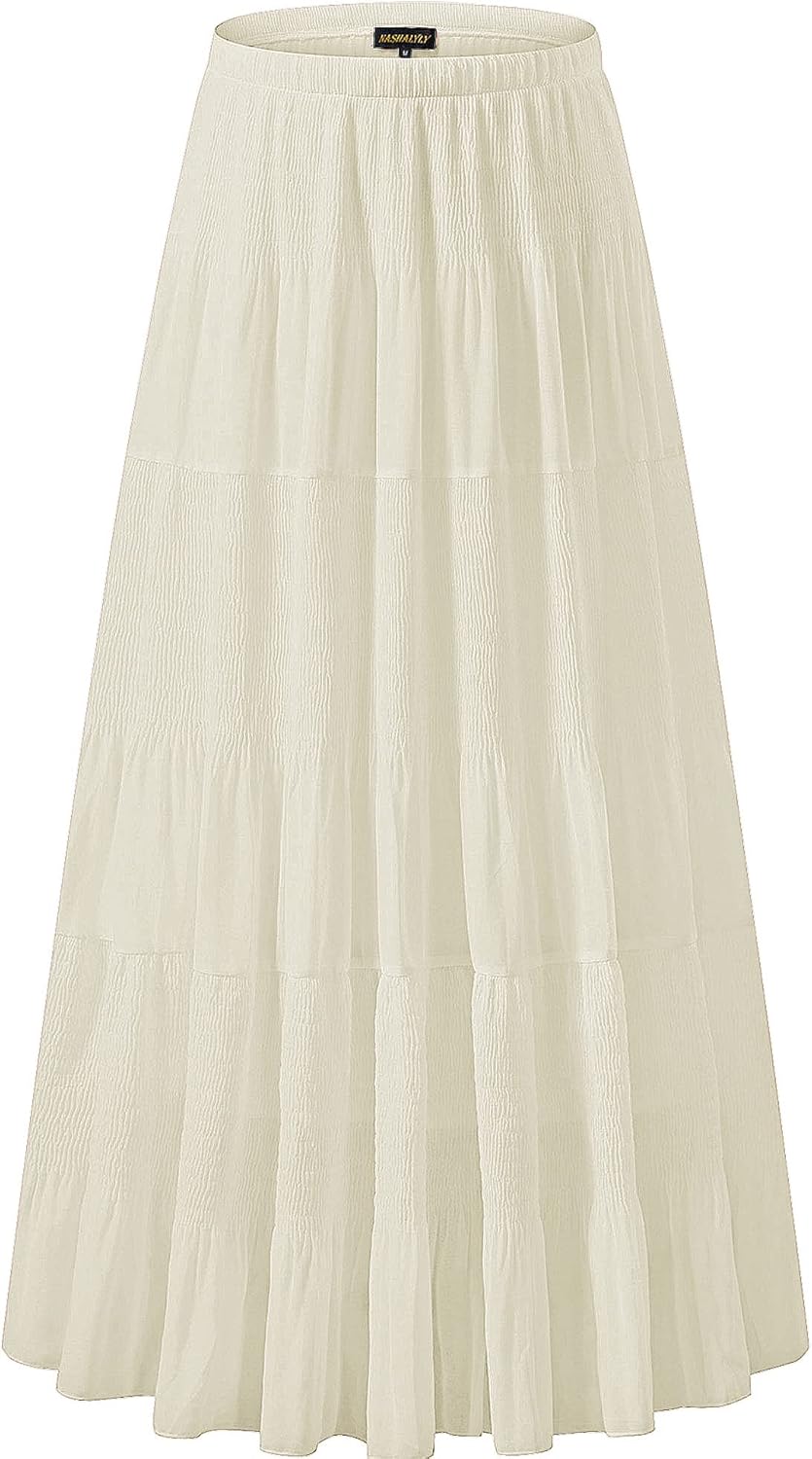 Chiffon Elastic High Waist Pleated A-Line Maxi Skirt for Women