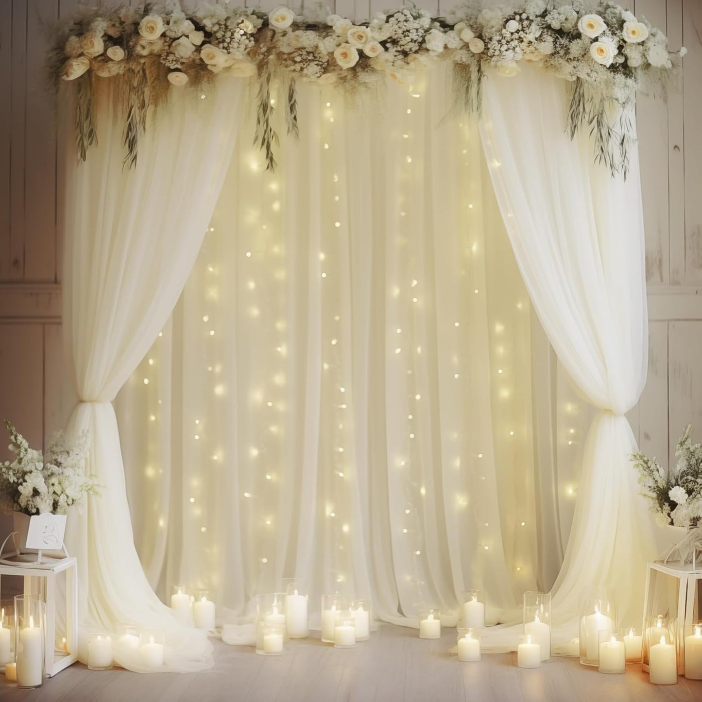 2010ft Cream White Tulle Backdrop Curtain with Lights for Events