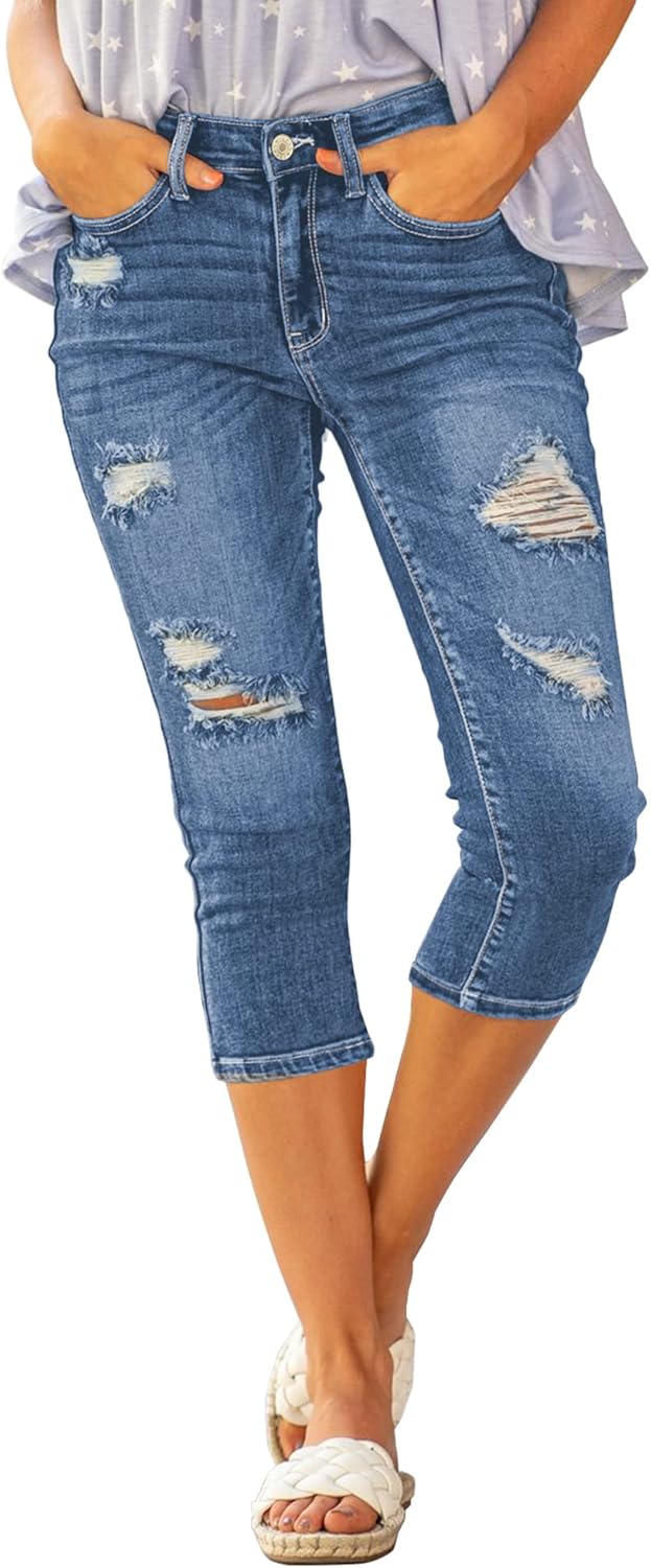 Luvamia Womens Capri Jeans High Waisted Ripped Denim Pants