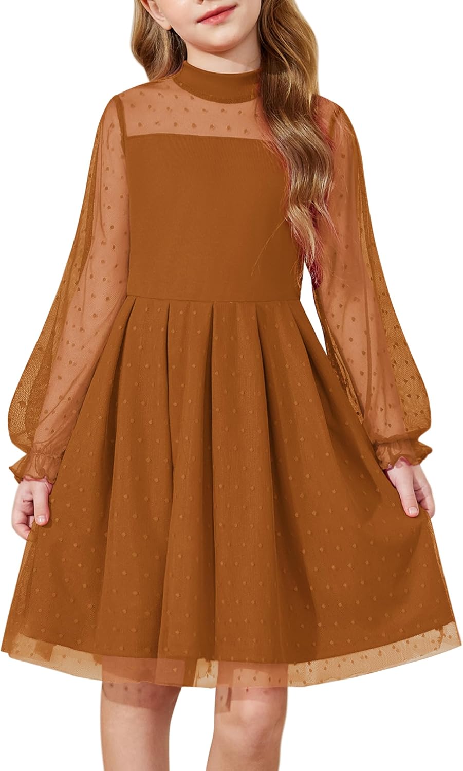 Arshiner Girls Dresses Contrast Mesh Puff Long Sleeve A Line