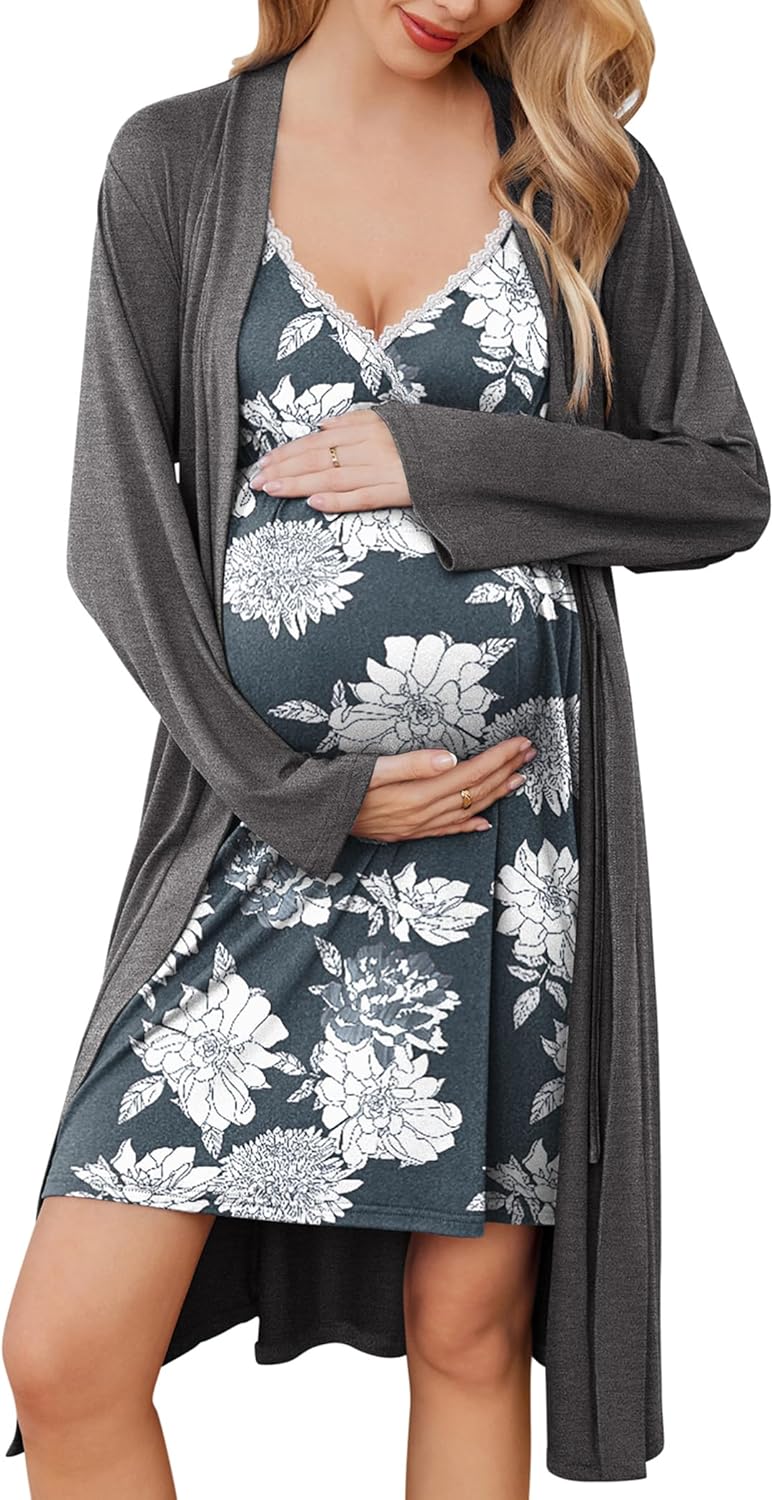 Ekouaer Womens Maternity Nursing Gown and Robe Set for Comfort