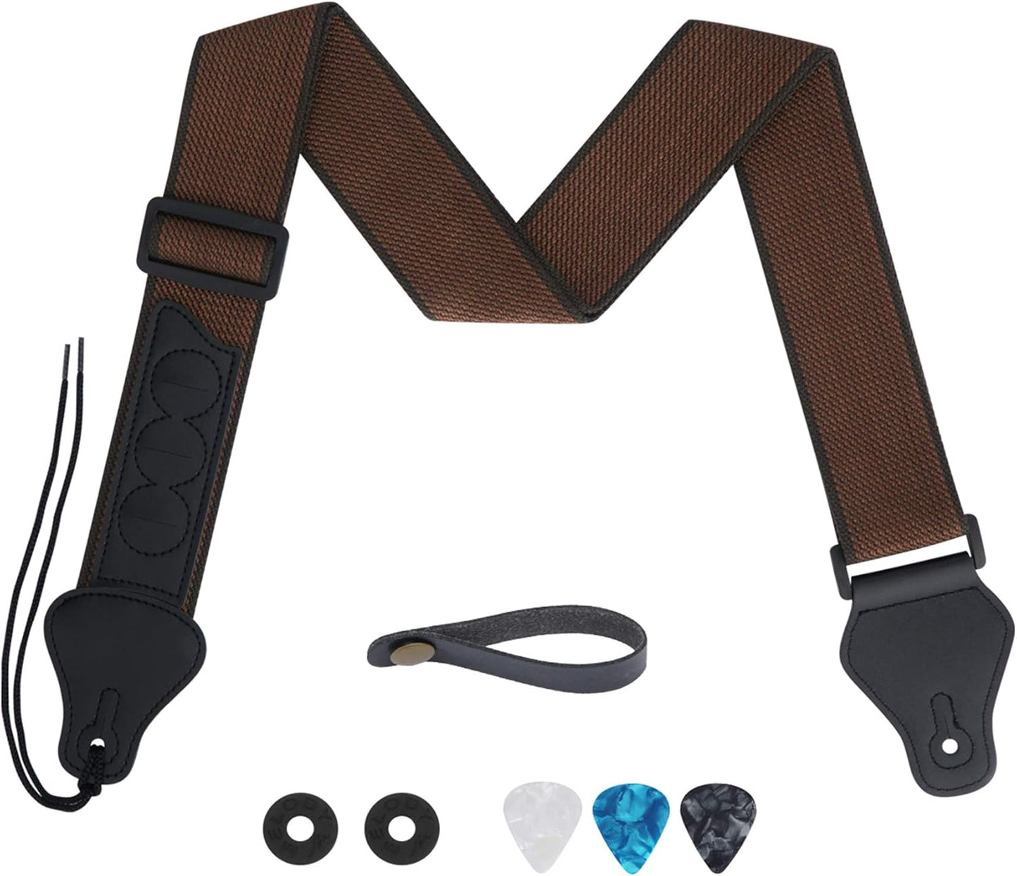 Coffee Cotton Guitar Strap Set w/ Picks & Locks