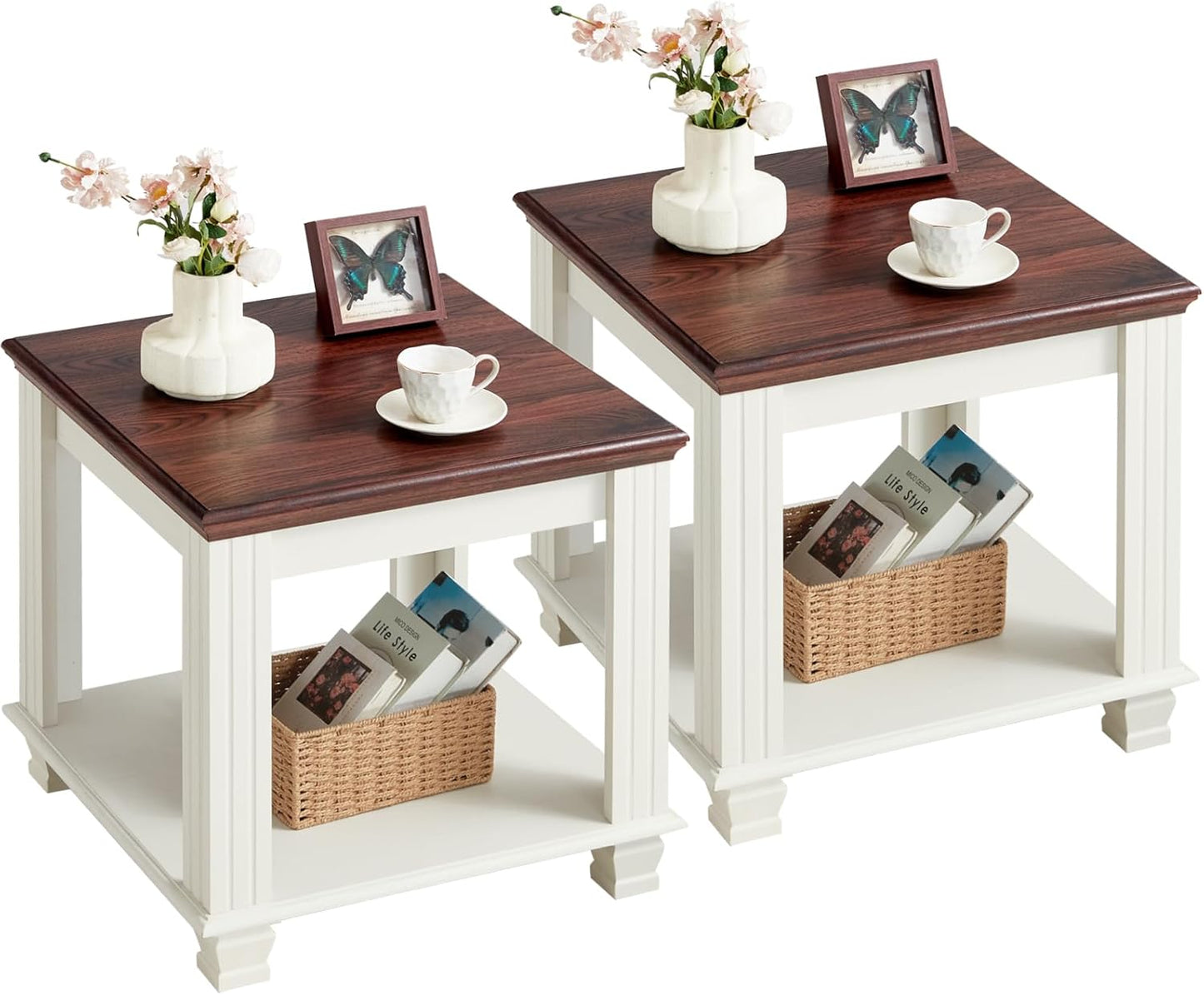 Farmhouse End Table Set of 2 with Rustic Wood and Storage