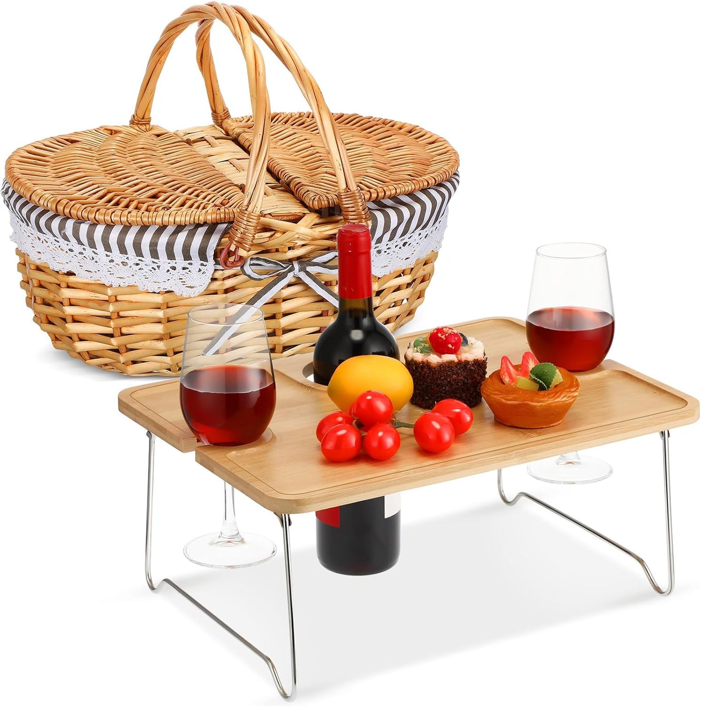 Handmade Wicker Picnic Basket with Foldable Wine Table Kit