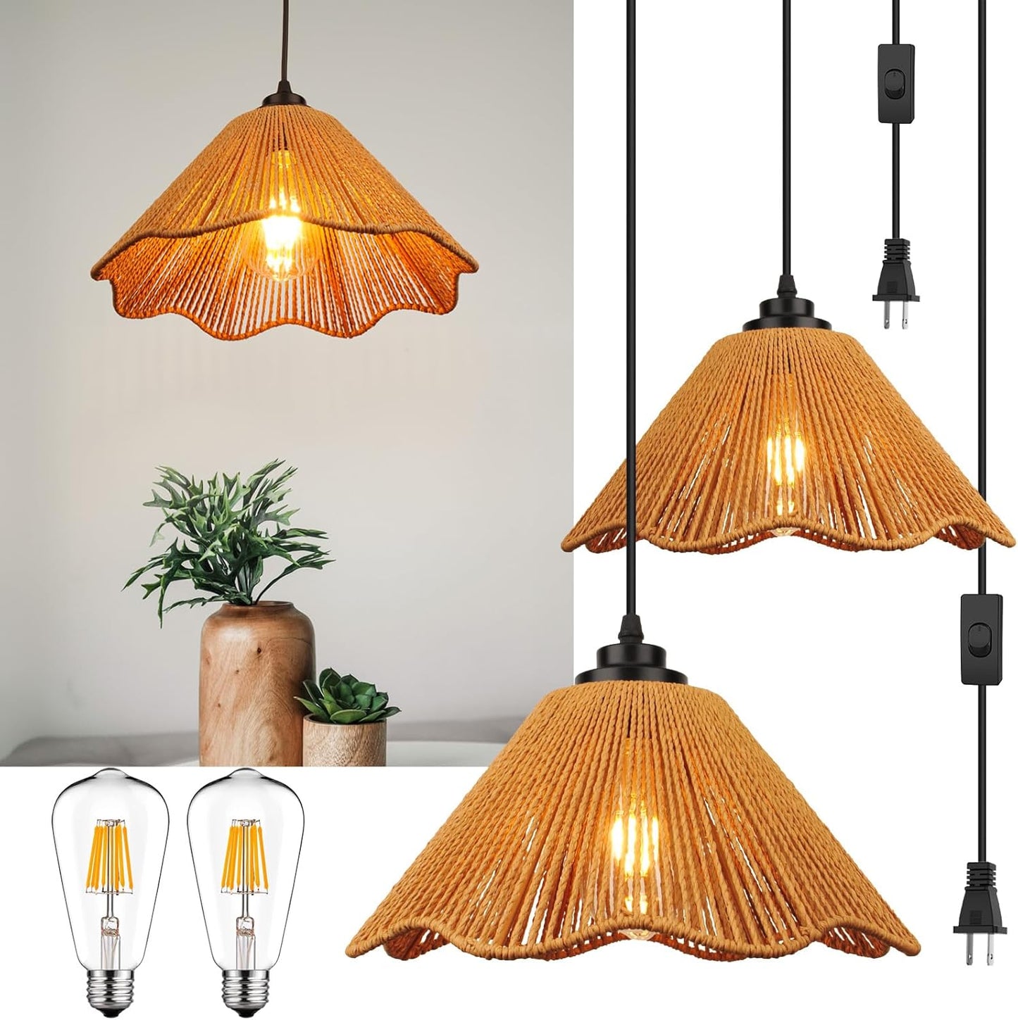 Plug in Pendant Light with Rattan Design for Boho Decor