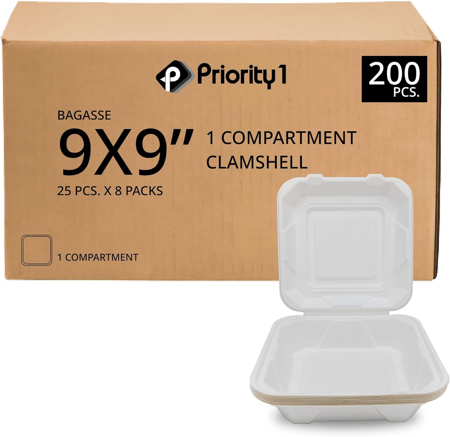 Priority1 Paper 9 x 9 Inch Clamshell Take Out Food Containers