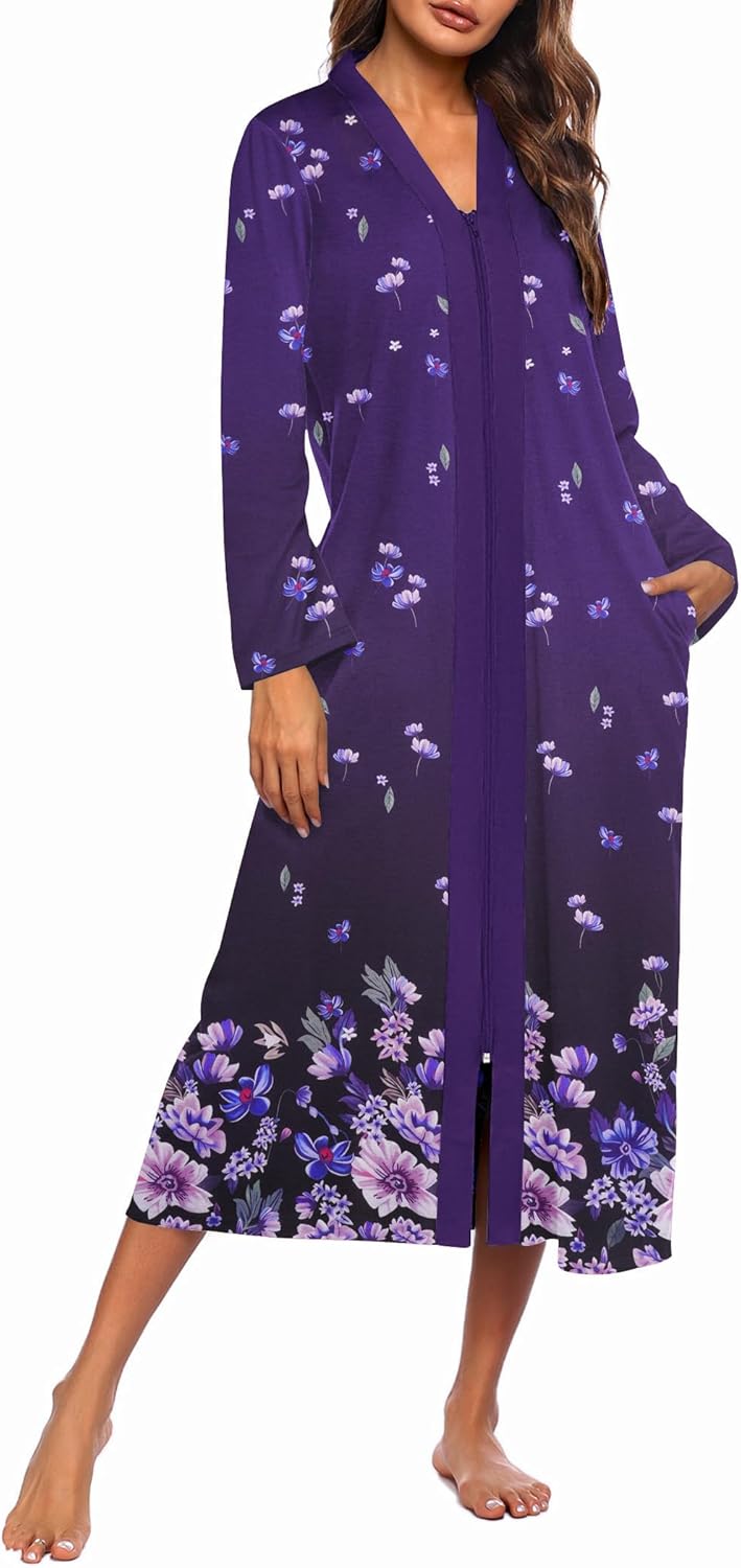 Ekouaer Women Zipper Robe Long Sleeve Lightweight Housecoat