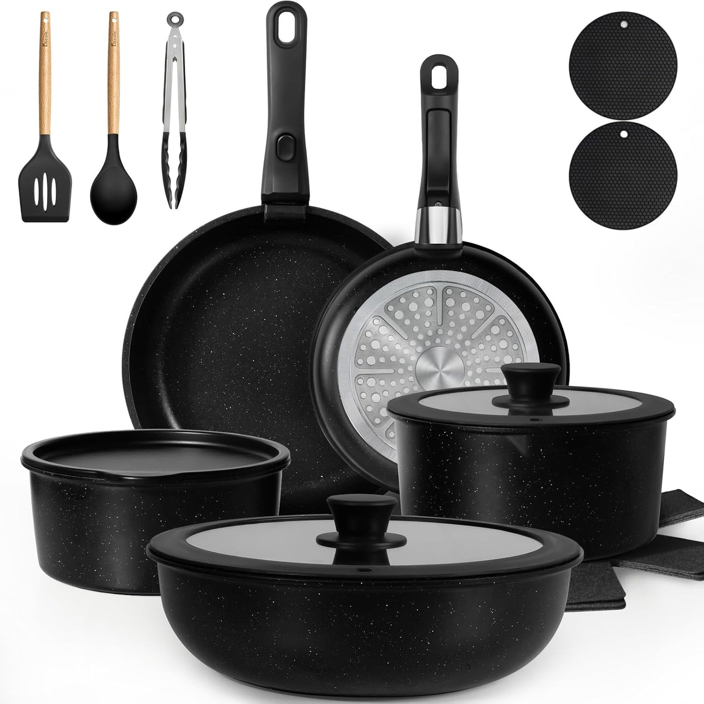 KIKCOIN Non Stick Pots and Pans Set with Detachable Handles