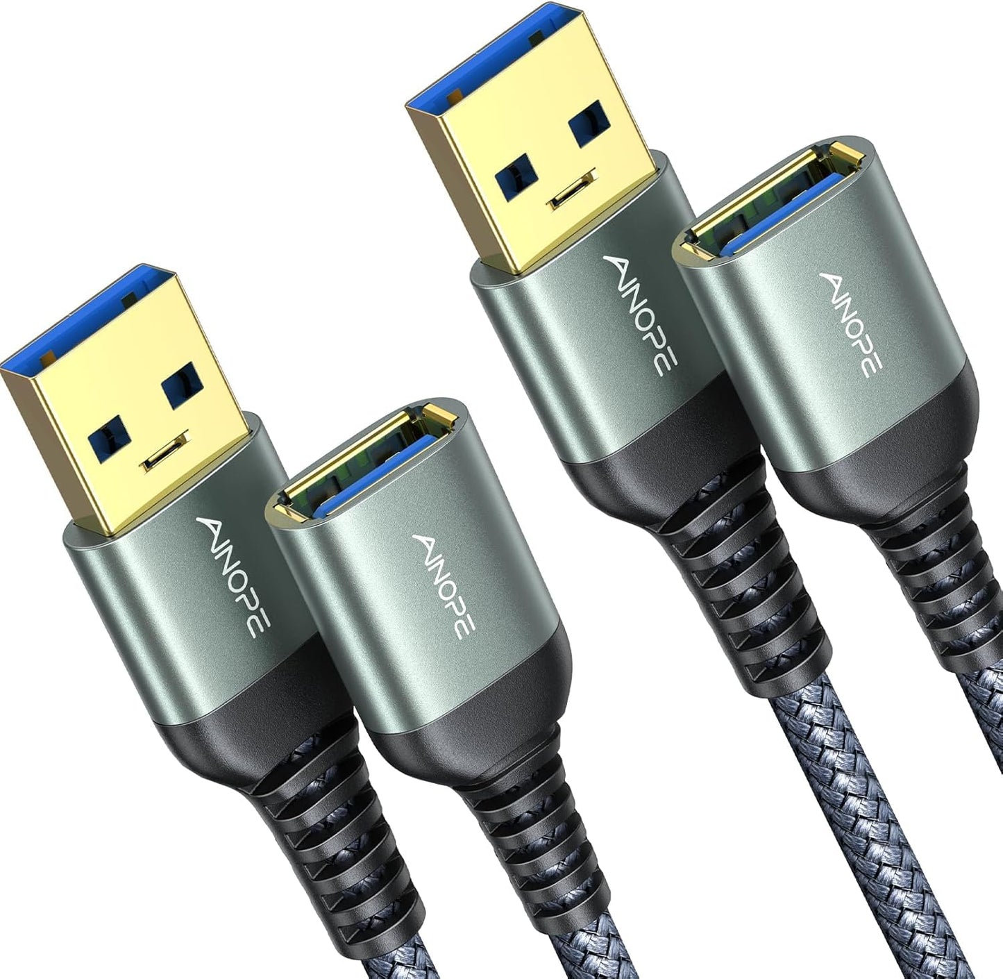 AINOPE USB 3.0 Extension Cable Duo - Fast Data Transfer, Sturdy Braided, 3.3FT x2, Grey