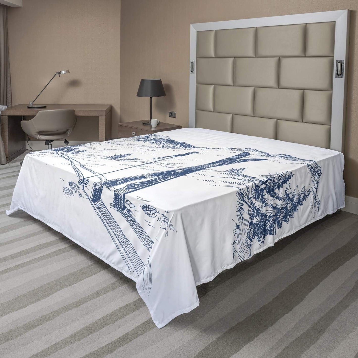 Cozy Winter Ski Graphic Flat Sheet - Queen Size Blue