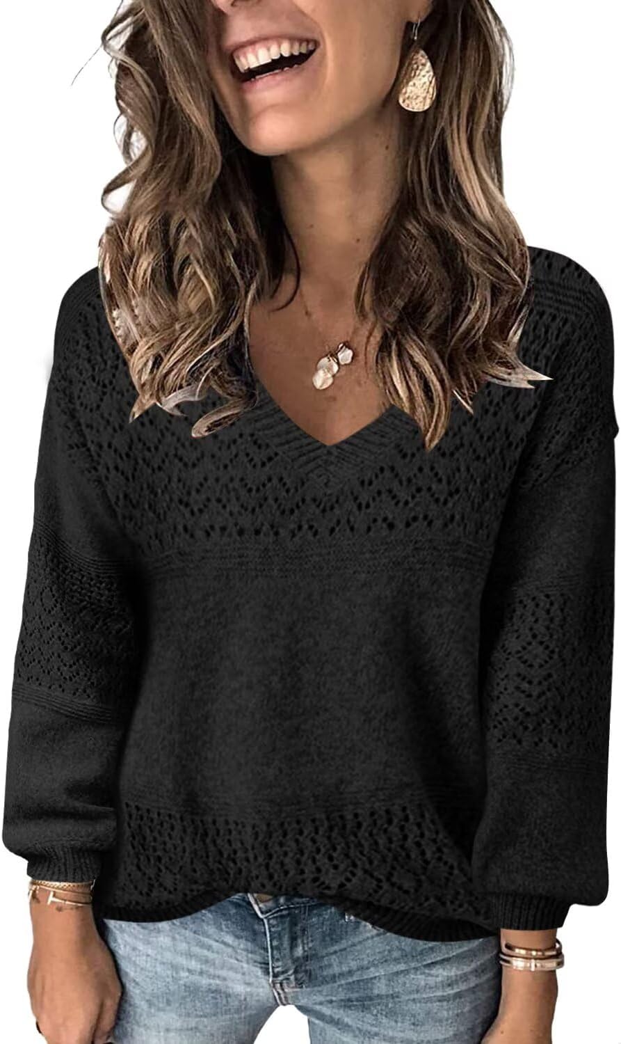 FEKOAFE Womens V Neck Long Sleeve Hollow Knit Pullover Sweater