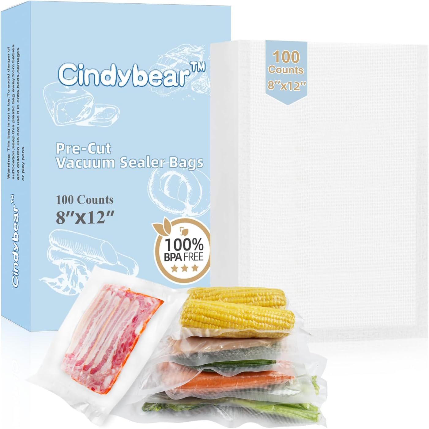 100ct Cindybear Quart Vacuum Sealer Bags - BPA-Free Heavy Duty Storage for Sous Vide