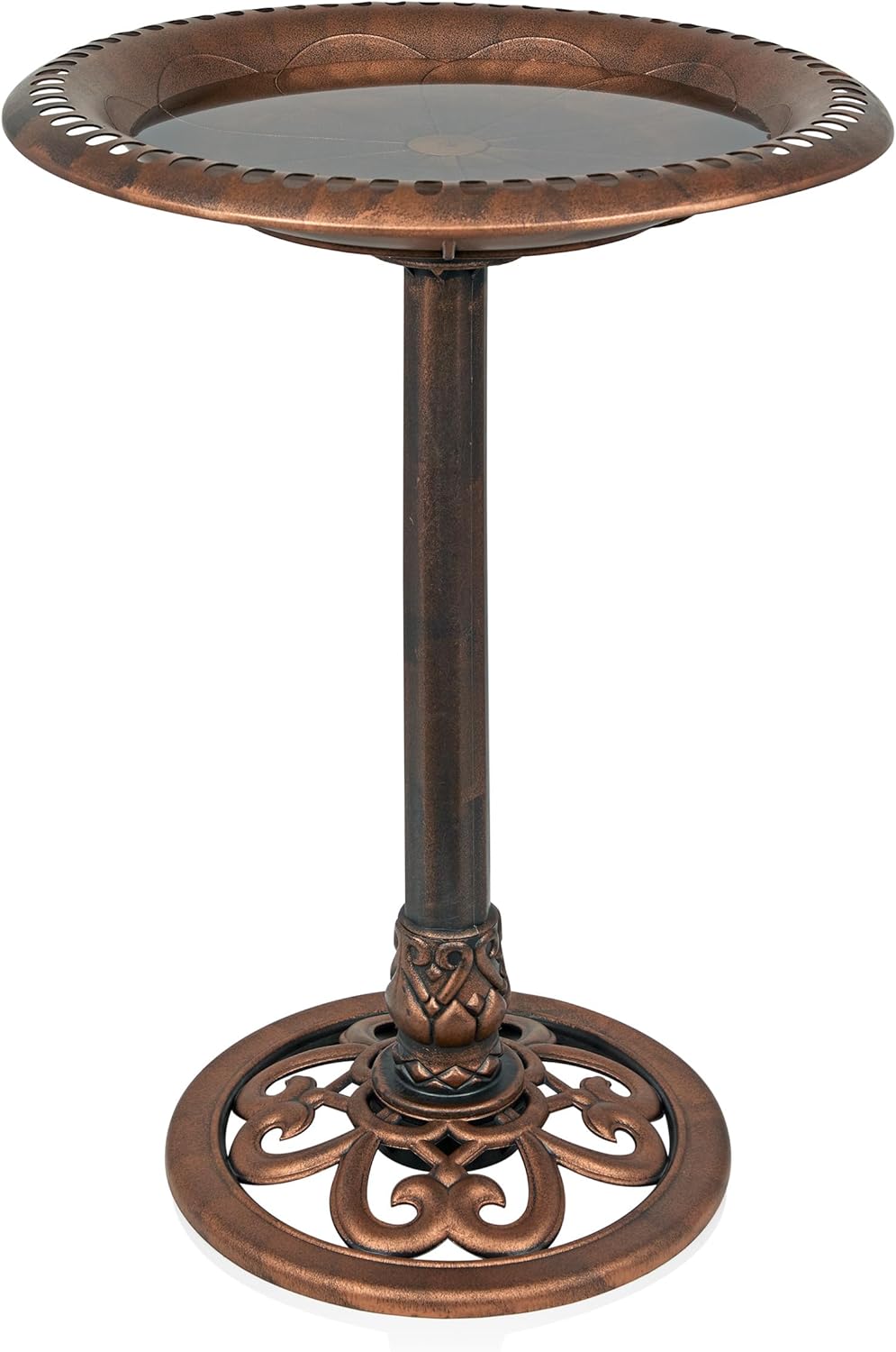 28in Bronze Outdoor Pedestal Birdbath with Scrollwork Design