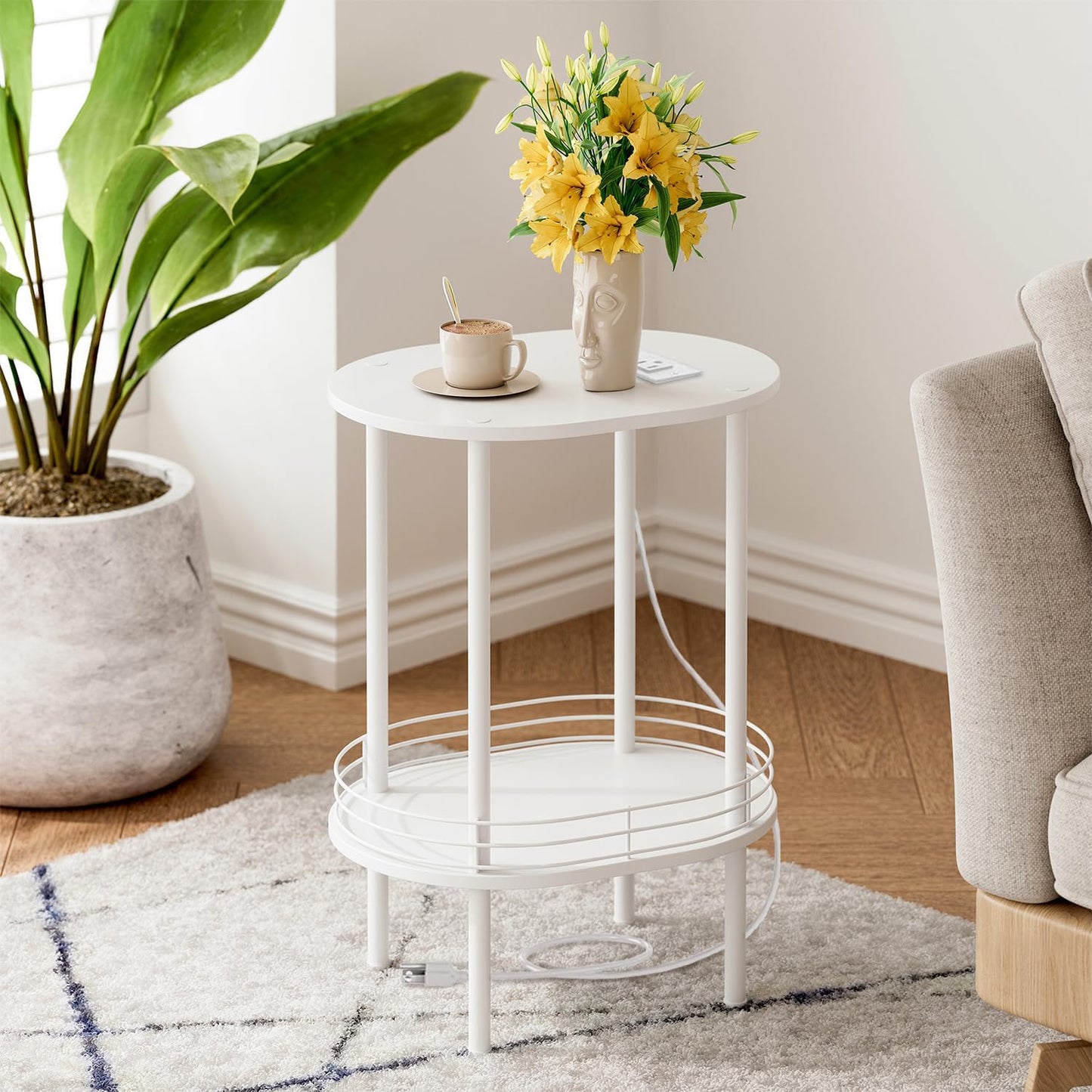 Small Round Side Table with Charging Station and USB Ports