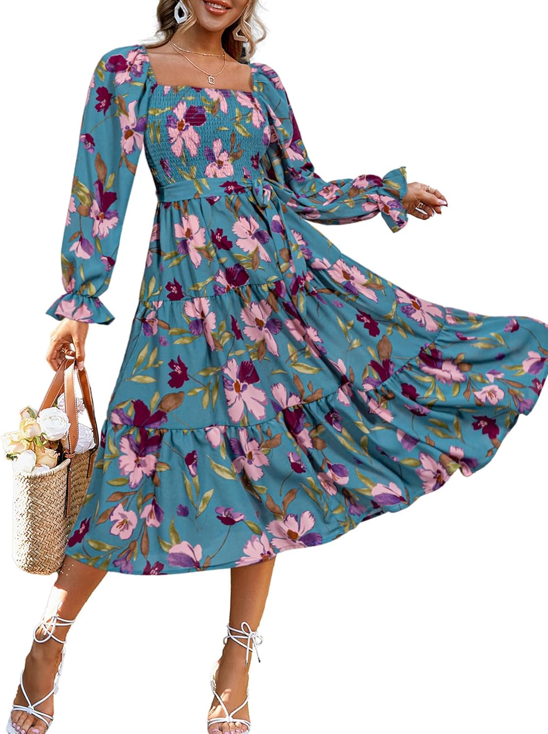 Amegoya Women's Boho Flowy Long Sleeve Midi Dress for Weddings