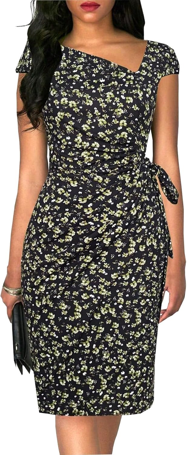 Women's Vintage Cap Sleeve Asymmetrical Neckline Bodycon Dress