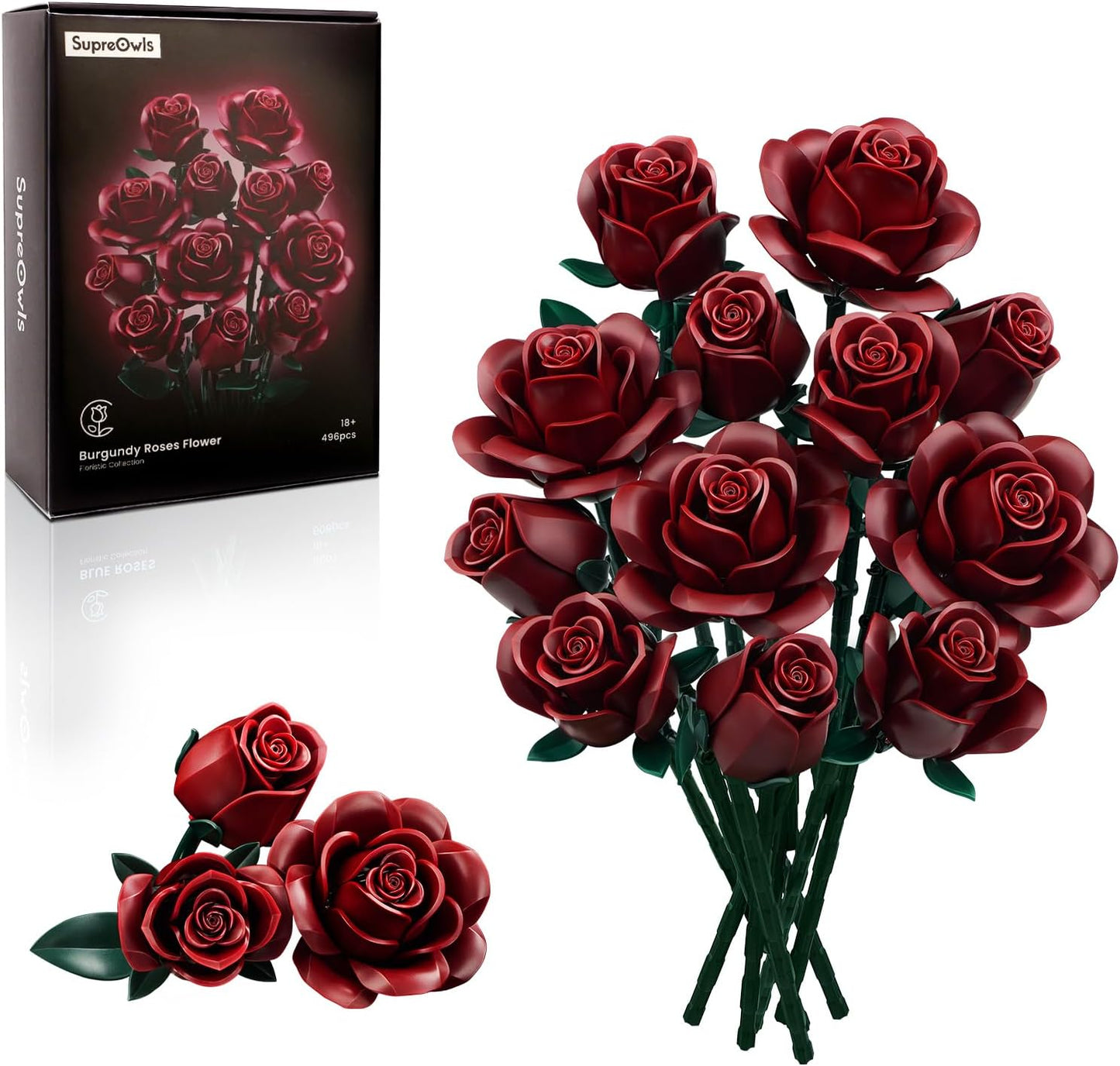 iATOM Burgundy Red Rose Bouquet Building Set for Home Decor