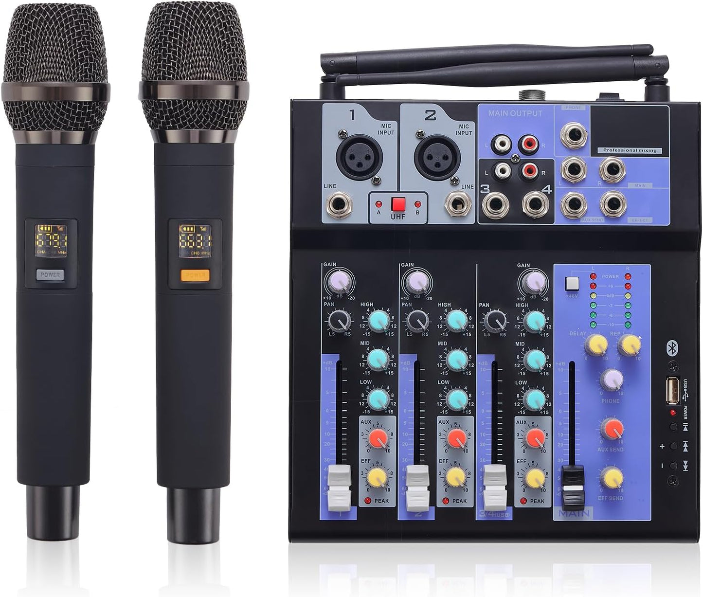 Professional Audio Mixer with Dual Wireless Mic for DJs