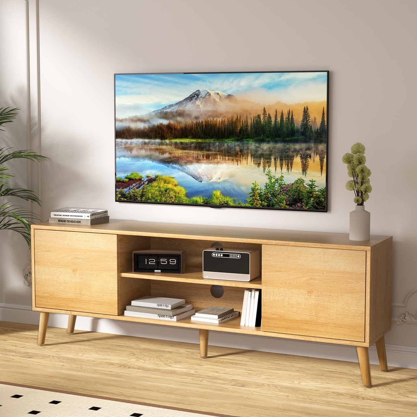 Adjustable Shelf TV Stand: Stylish Media Console for 65 TVs - Yellow Oak