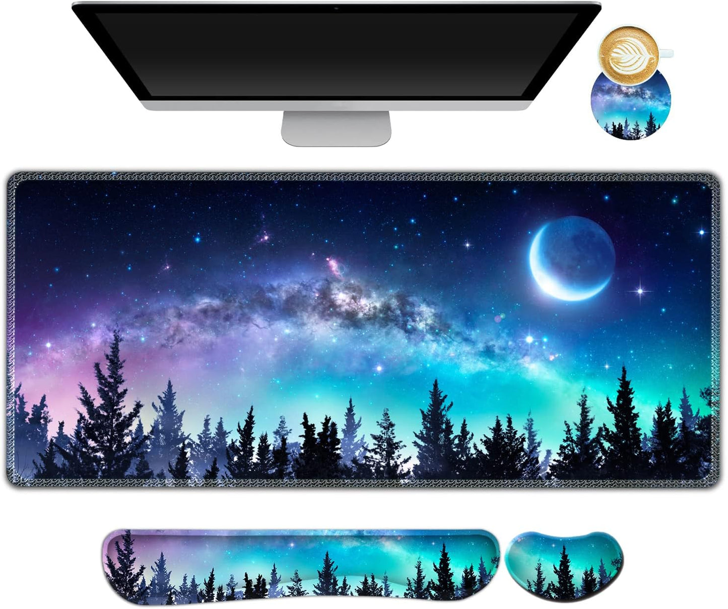AIMSA Gaming Desk Set, Ergonomic Memory Foam, Forest Moon Sky
