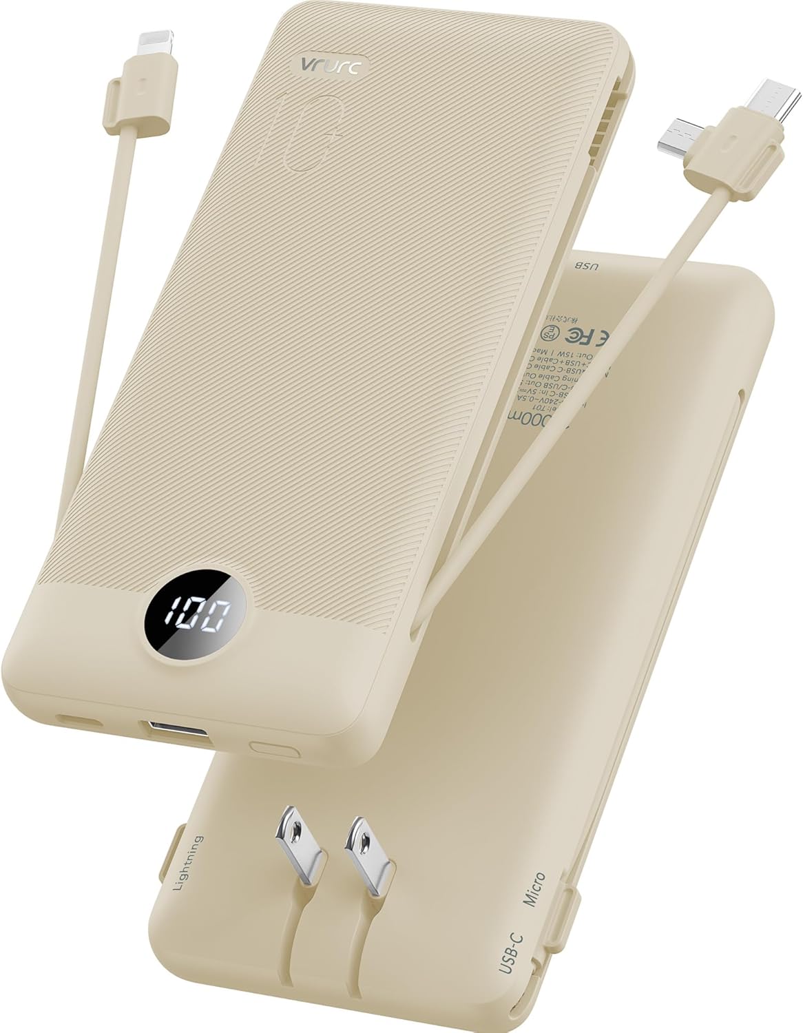 VRURC Portable Charger with Built-in Cables - 10000mAh Power Bank